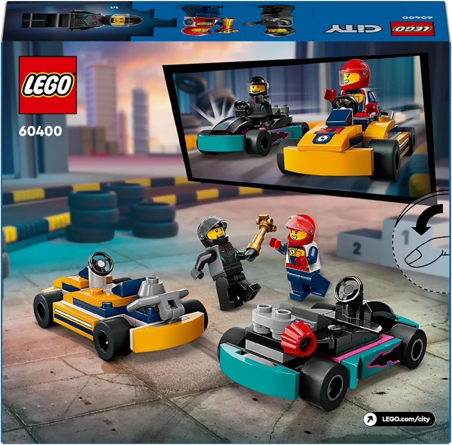 LEGO City Gokarty z kierowcami, zestaw 2 minifigurek kierowców i samochodów wyścigowych, samochody zabawkowe dla 5-letnich chłopców i dziewcząt, fajny prezent dla dzieci 60400 zestawów do budowania Besuche den LEGO-Store