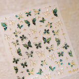 JMEOWIO 3D Nagelsticker Grün Gold Schmetterling Nail Art Naklejka Selbstklebend Nagelaufkleber 5D Stereoskopisch Dekoration Nageldesign Zubehör 1 Blatt