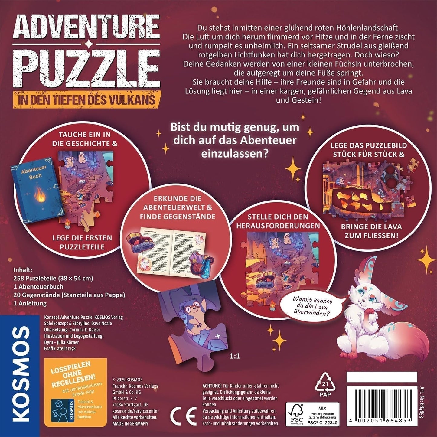 KOSMOS 684853 Puzzle przygodowe Den Tiefen Des Vulkans, 258 elementów, interaktywne puzzle przygodowe dla dzieci w wieku 8+, odkryj historię przygodową z każdym elementem układanki Puzzle Naty Shop