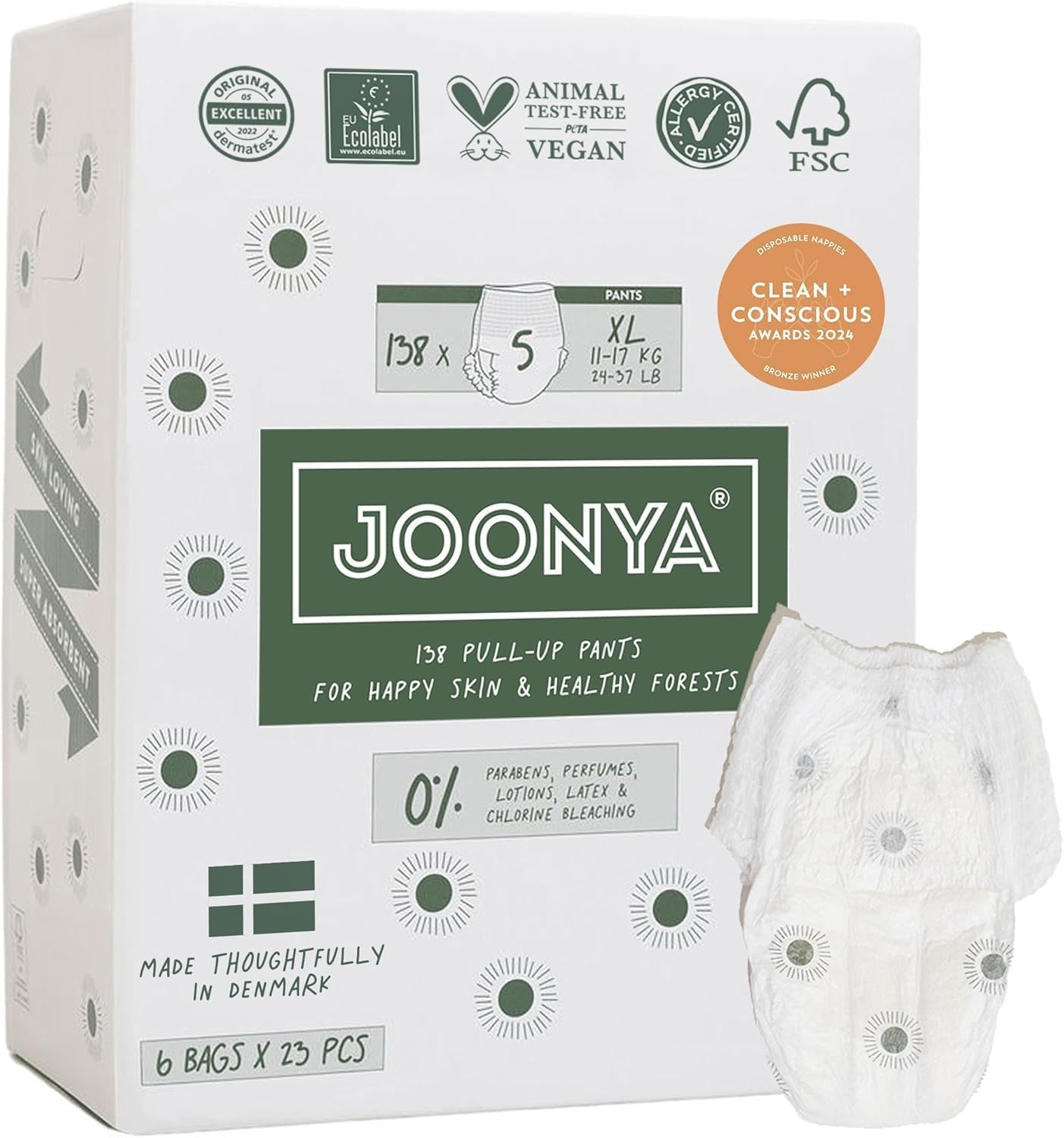 Pieluchy push-up rozmiar 4 L (7-12 kg) - 1 worek po 25 sztuk - Nie zawiera substancji szkodliwych, ekologiczne, ultrapłaskie, do stosowania na noc - Wyprodukowano w Danii