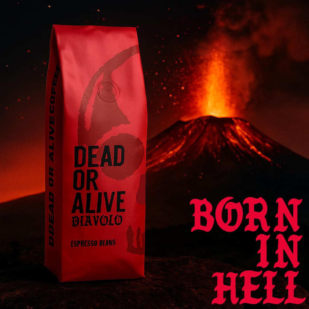 DEAD OR ALIVE DIAVOLO – Ekstra ciemne espresso – 100% Robusta – Niezwykle mocne – Niska kwasowość – Stabilna śmietanka – Całe ziarna 1kg – Pieczeń neapolitańska