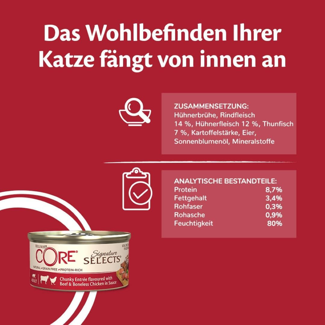 Wellness CORE Signature Selects 8 x 79g, Mix Wołowiny, Kurczaka i Indyka - Mokra karma dla kotów, pyszne paski w sosie, bez zbóż, naturalna, hipoalergiczna, wysoka zawartość białka, wysoka zawartość mięsa