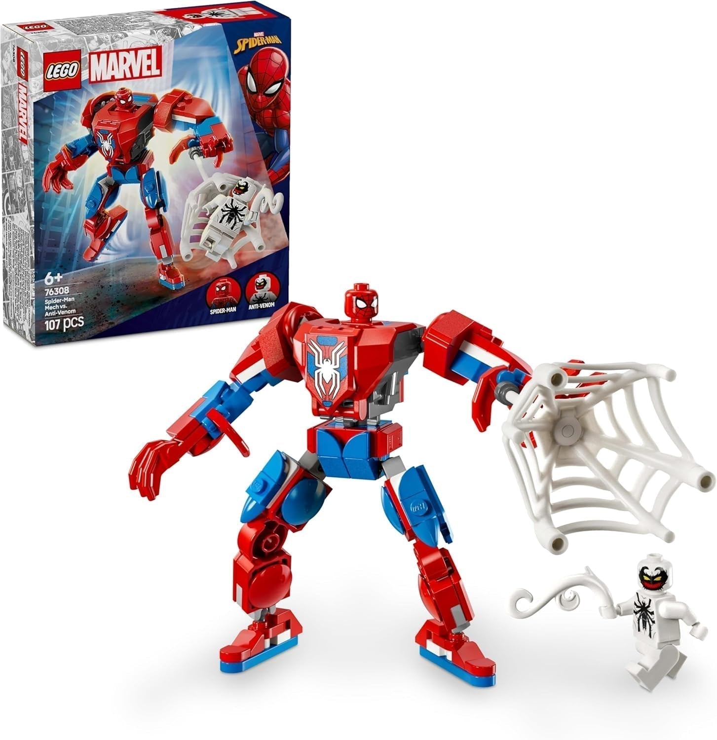 LEGO Marvel Spider-Man Mech kontra. Anti-Venom — zabawka superbohatera z 2 minifigurkami — figurka z ruchomymi rękami, nogami i palcami — prezent dla chłopców i dziewcząt w wieku od 6 lat 76308 Zestawy do budowania Besuche den LEGO-Store Default Title