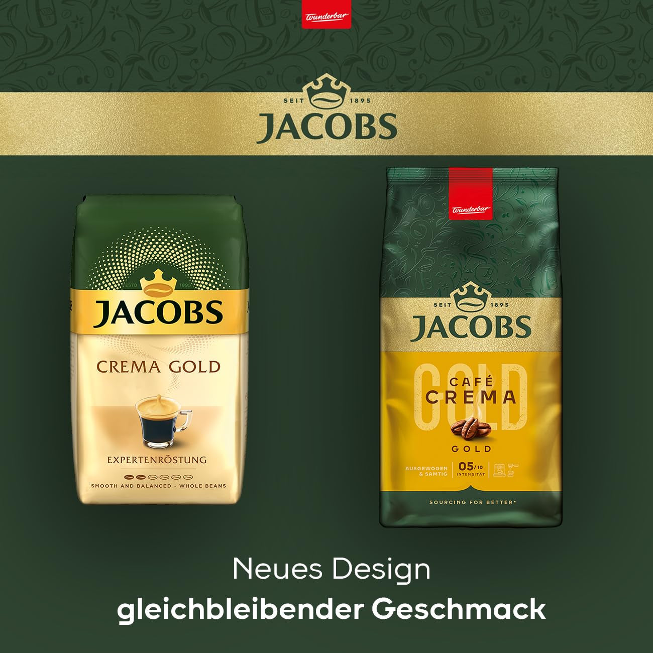 Jacobs Café Crema Gold Kawa ziarnista 1 kg – Vollmundig, Aromatisch, nuty Fruchtige, ziarna Arabiki i Robusty, Intensität 5/10, idealna do sklepu Café Crema Naty