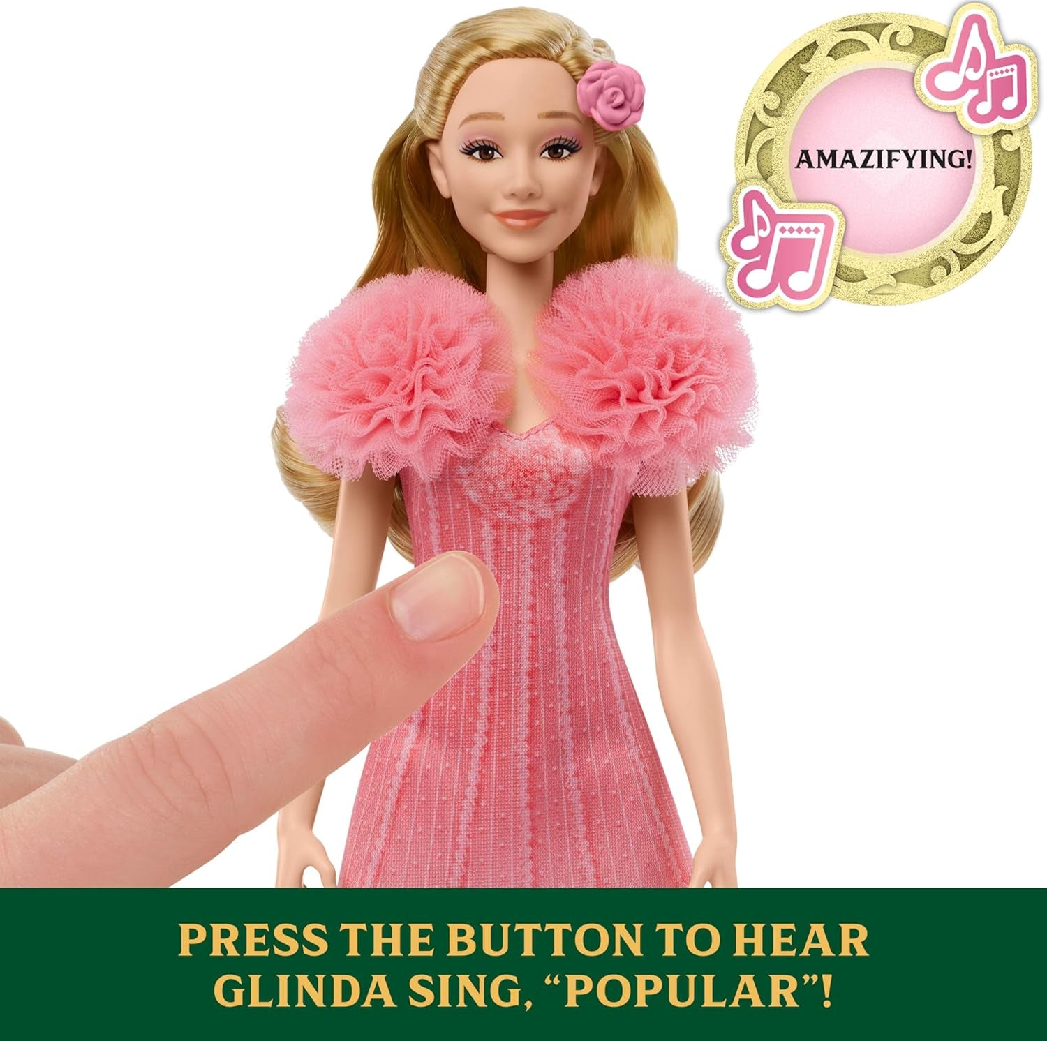 Mattel Glinda z firmy Wicked and Accessories Przegubowa lalka inspirowana filmem z odpinanym strojem śpiewa „Loved by Us” JLG49 różowa