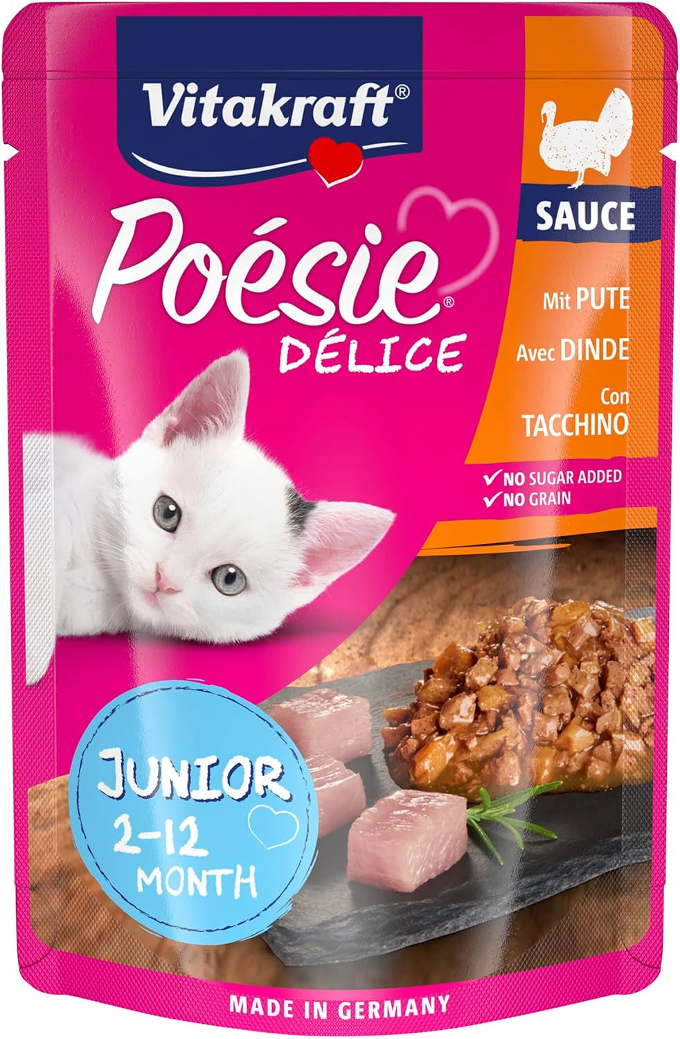 Vitakraft Poésie Délice, Junior, Mokra karma dla kotów, Mokra karma w sosie, z indykiem, Opakowanie zbiorcze, dla młodych kotów, Bez dodatku cukru i zbóż (23 x 85g)