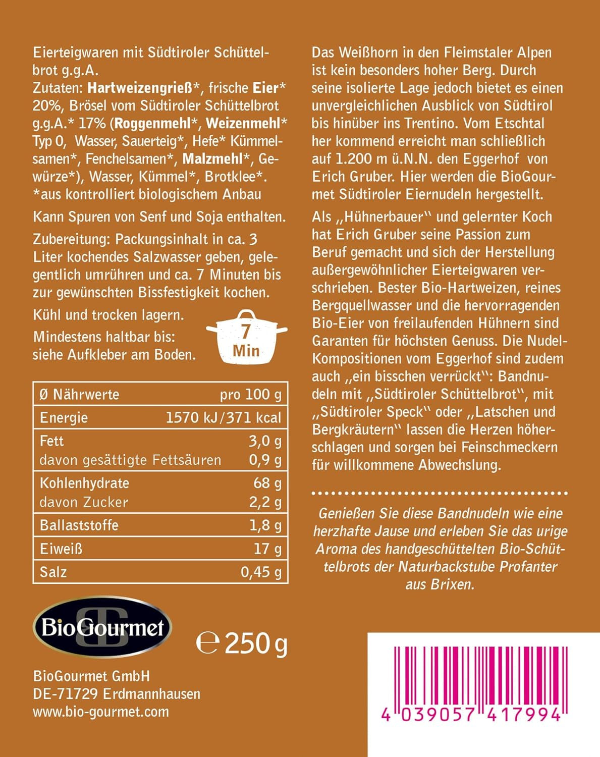 Makaron wstążkowy BioGourmet z Schüttelbrot z Południowego Tyrolu (ChOG) | Solony i aromatyzowany makaron jajeczny z prawdziwą drobinką z Południowego Tyrolu | 1 x 250 g Bio