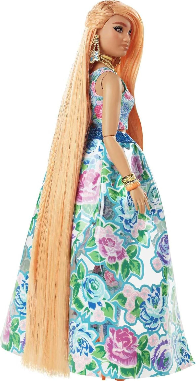 Barbie Extra Fancy, kręcone, długie truskawkowe blond włosy, dwuczęściowy kostium, niebieski kot, różowa torba, ananasowe okulary przeciwsłoneczne z lalką, odpowiednie jako prezent, lalki Hhn14 Naty Shop