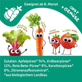 FRECHE FREUNDE Organiczne wyciskane torebki owocowe z jabłkami, truskawkami, burakami i marchewką, puree owocowo-warzywne w wyciskanej torbie dla dzieci od 6. miesiąca życia, wegańskie, opakowanie 6 szt. (6 x 100 g)