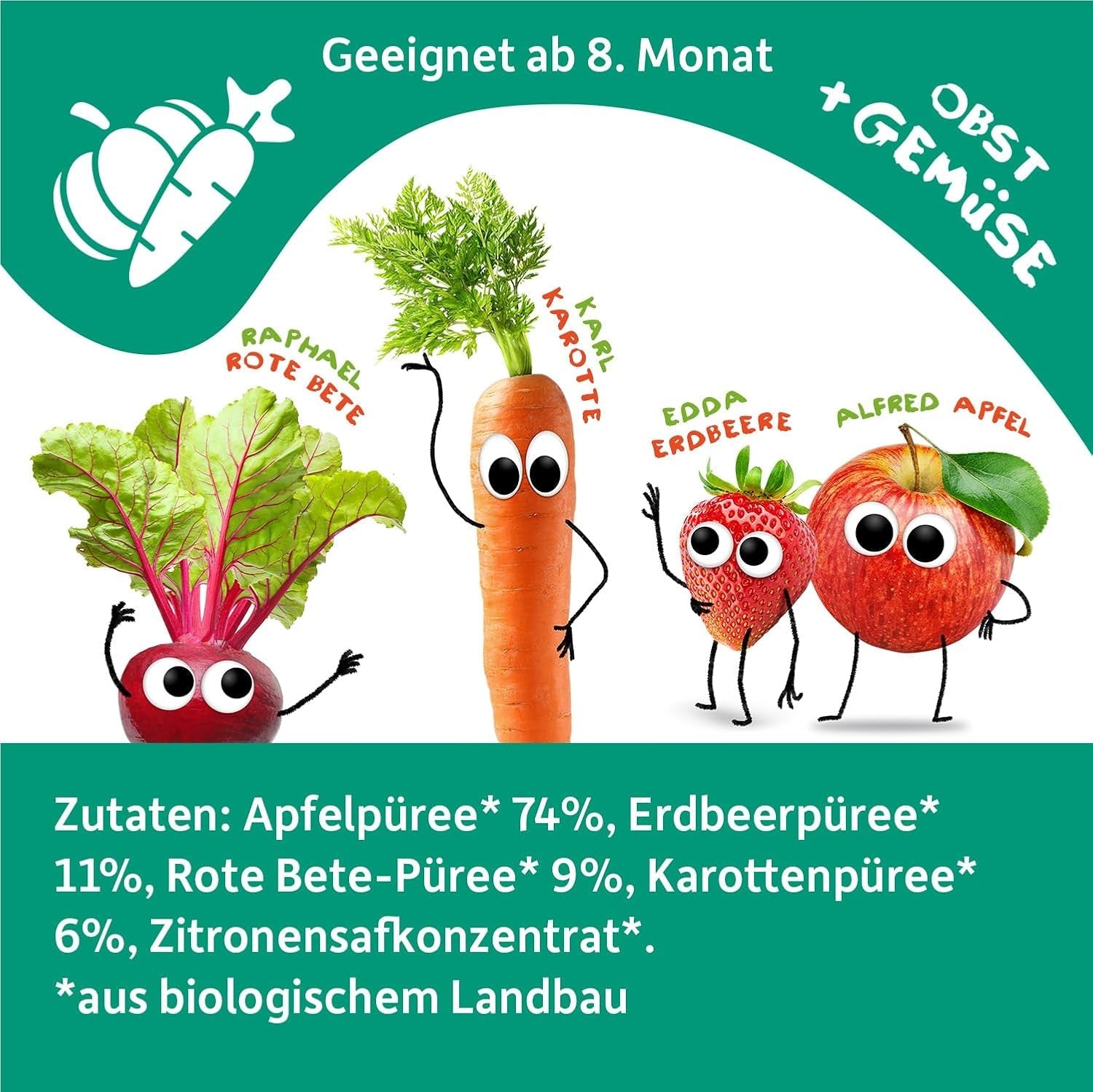 FRECHE FREUNDE Organiczne wyciskane torebki owocowe z jabłkami, truskawkami, burakami i marchewką, puree owocowo-warzywne w wyciskanej torbie dla dzieci od 6. miesiąca życia, wegańskie, opakowanie 6 szt. (6 x 100 g)