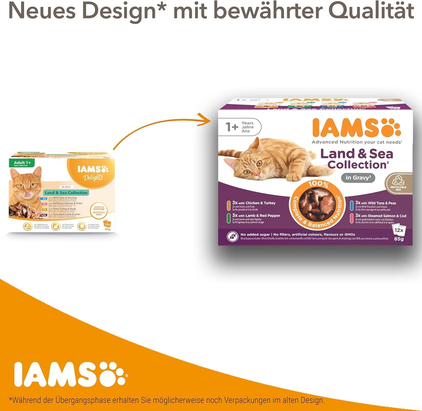 IAMS Delights Land & Sea Collection Mokra karma dla kotów - asortyment mięs i ryb Opakowanie zbiorcze w sosie, mokra karma dla kotów od 1. roku życia, 72 x 85g