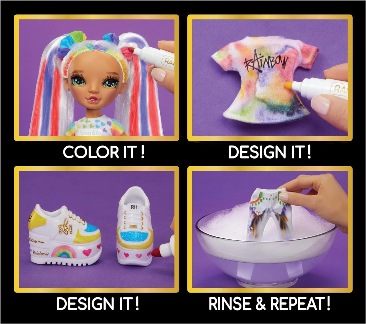 Rainbow High Color & Create DIY Modepuppe - Grüne Augen, Zopfe, extra Top & Schuhe, abwaschbare Regenbogenstifte - Ausmalen, Gestalten, Spielen, Auswaschen - für Kinder von 4-12 Jahren und Sammler
