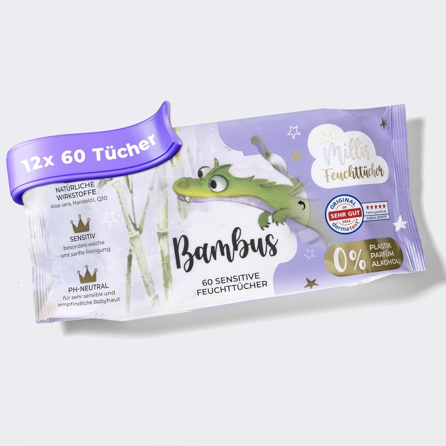 Millis Bamboo Baby Sensitive chusteczki nawilżane do delikatnej skóry dziecka - 5 x 60 sztuk - Naturalne, delikatne i zrównoważone czyszczenie - Biodegradowalne chusteczki dla niemowląt, bez plastiku i alkoholu