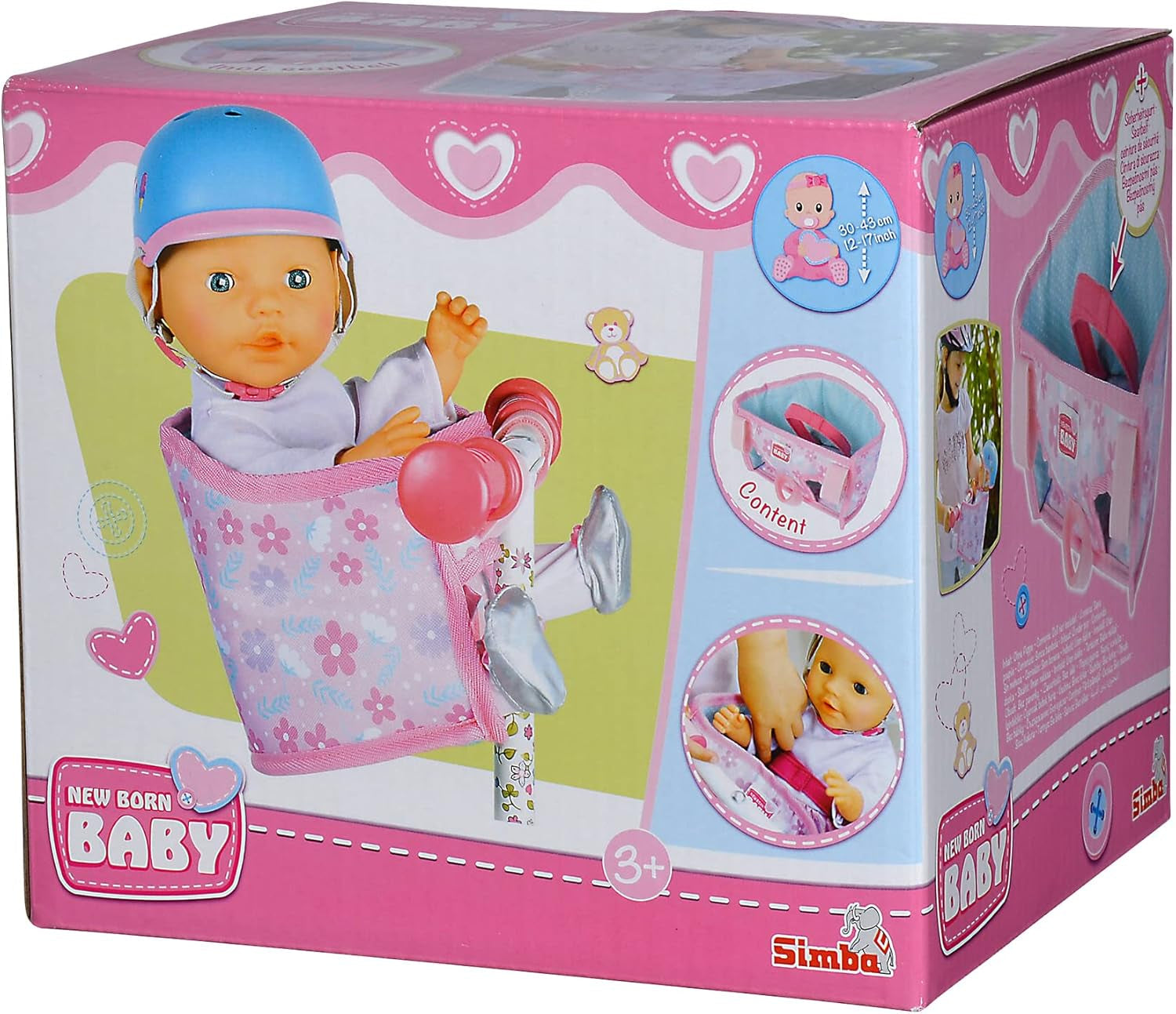 Simba 105560018 - Fotelik rowerowy dla noworodka z paskiem, akcesoria dla lalek, siedzisko z tkaniny, pas bezpieczeństwa, kierownica zapinana na rzep, dla lalek 30-43 cm, wiek 3+
