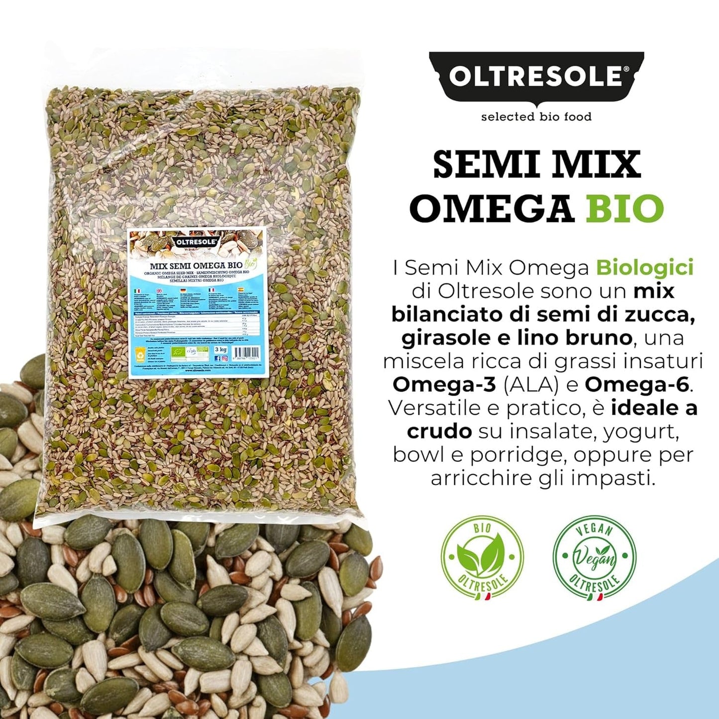 Organiczna Mieszanka Nasion Omega 3 kg (mieszanka nasion dyni, słonecznika i lnu), mieszanka 3 całych surowych nasion oleistych, bogata w białko, błonnik i kwasy tłuszczowe omega-3