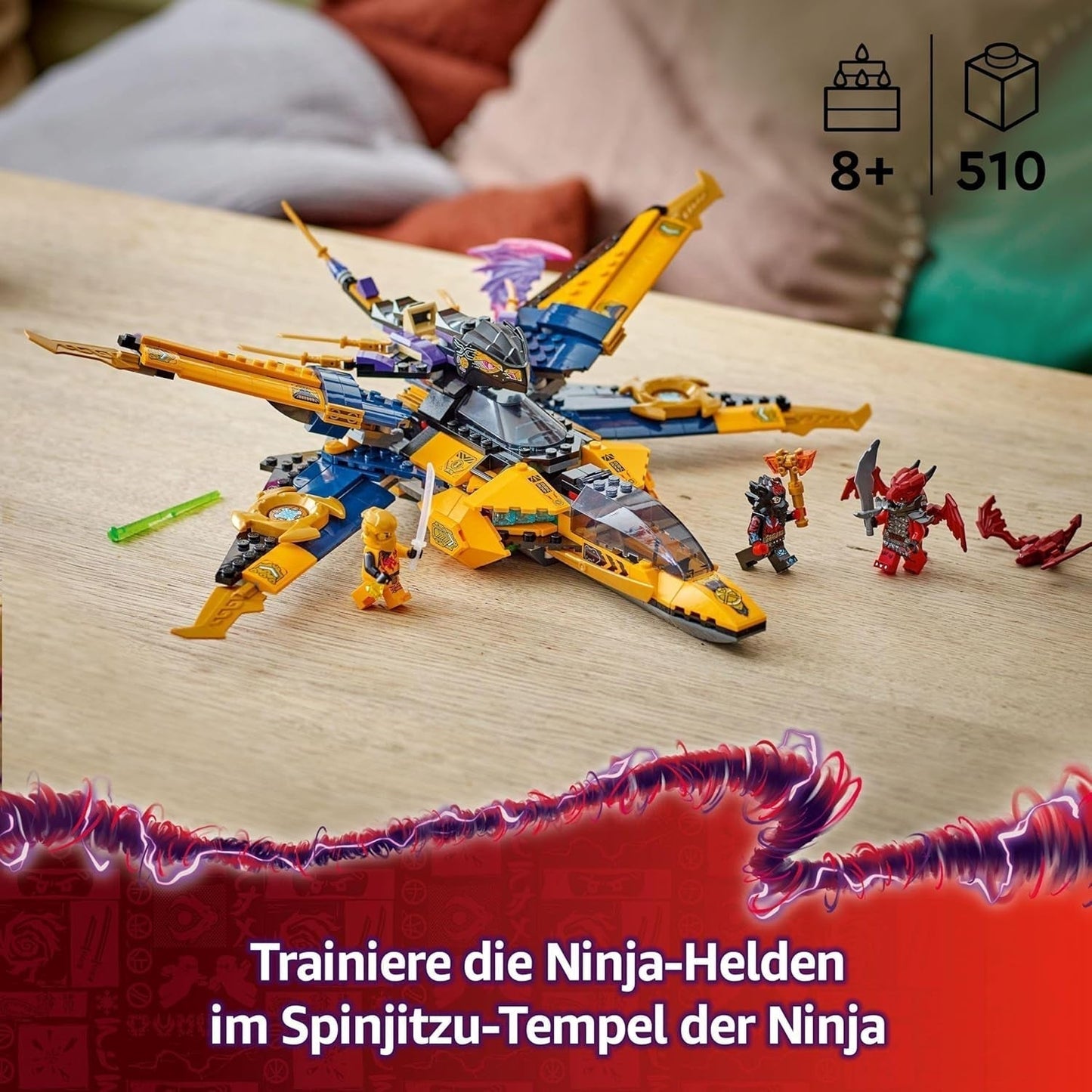 Samolot Super Storm LEGO NINJAGO Rasa i Arina — zabawka z dronem, miotaczami, ostrzami i silnikami — w zestawie. Trzy minifigurki Ninja do odgrywania ról — zestaw do budowania dla chłopców i dziewcząt od 8 lat 71833 Zestawy do budowania Besuche den LEGO-Store