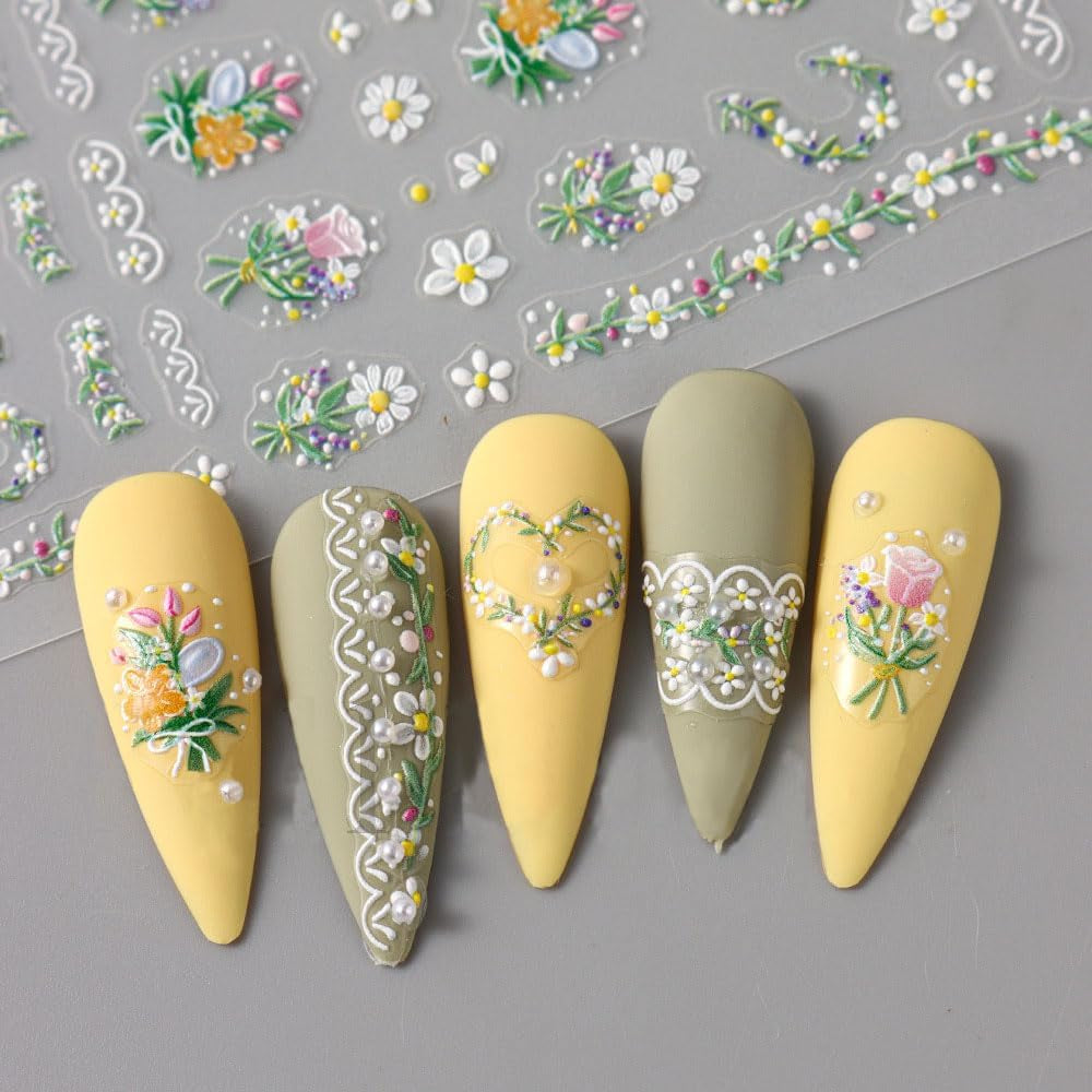 5 sztuk Geprägte Gänseblümchen Nagelsticker Selbstklebend Blumen Nagelaufkleber Gänseblümchen Schmetterling Nagel naklejka Nageldesign Aufkleber Nägel Zubehör Blume naklejka do paznokci kwiat naklejki do paznokci