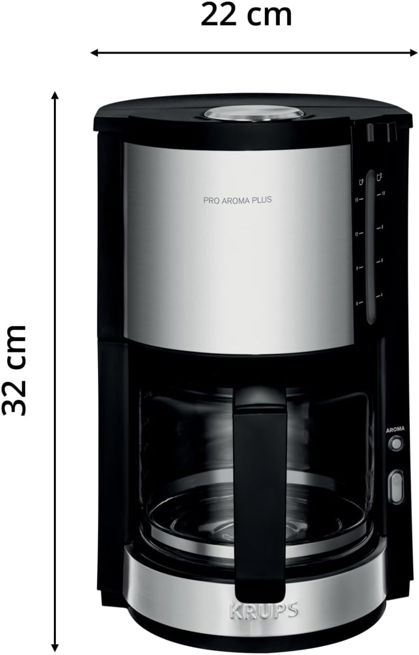 Ekspres do kawy Krups KM3210 Pro Aroma Plus, 10 filiżanek, 1,25 l, utrzymywanie ciepła przez 30 minut, widoczne okienko poziomu wody, system zapobiegający kapaniu, czarny z aplikacjami ze stali nierdzewnej