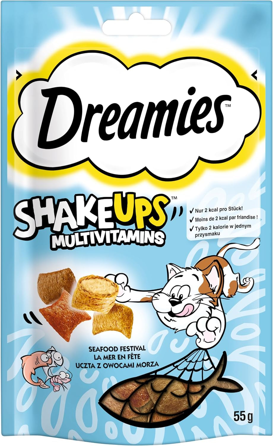 DREAMIES SHAKE UPS Multiwitaminowe przysmaki z owoców morza dla kotów w porcjowanych saszetkach - 55g (6 saszetek)