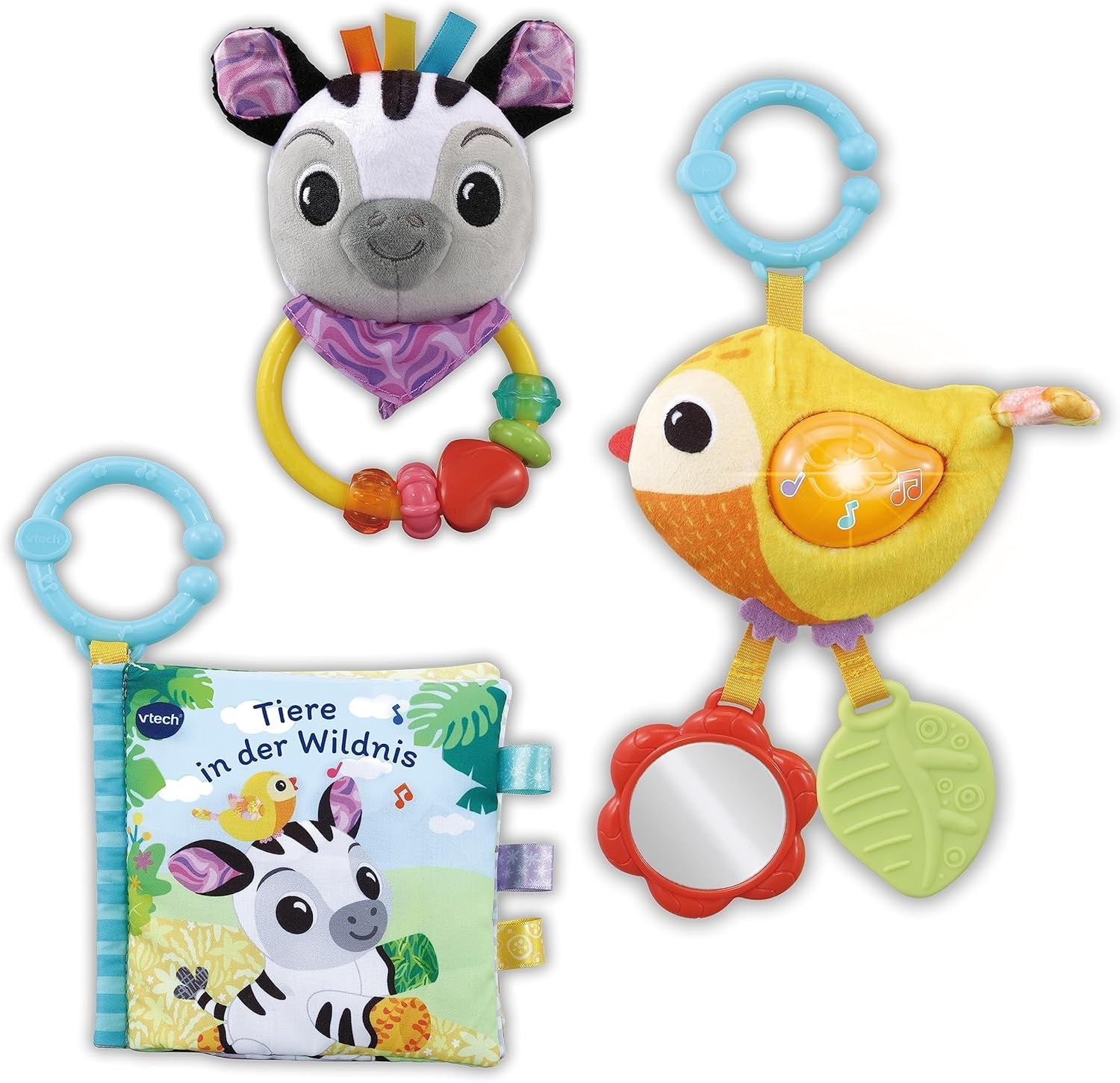 VTech Baby - Zestaw upominkowy dla przyjaciół zwierząt dziecka - Książka z tkaninami, Zestaw grzechotek śpiewającego ptaka i zebry - Dla dzieci w wieku 0-24 miesięcy Zabawki dla dzieci Naty Shop Domyślny tytuł