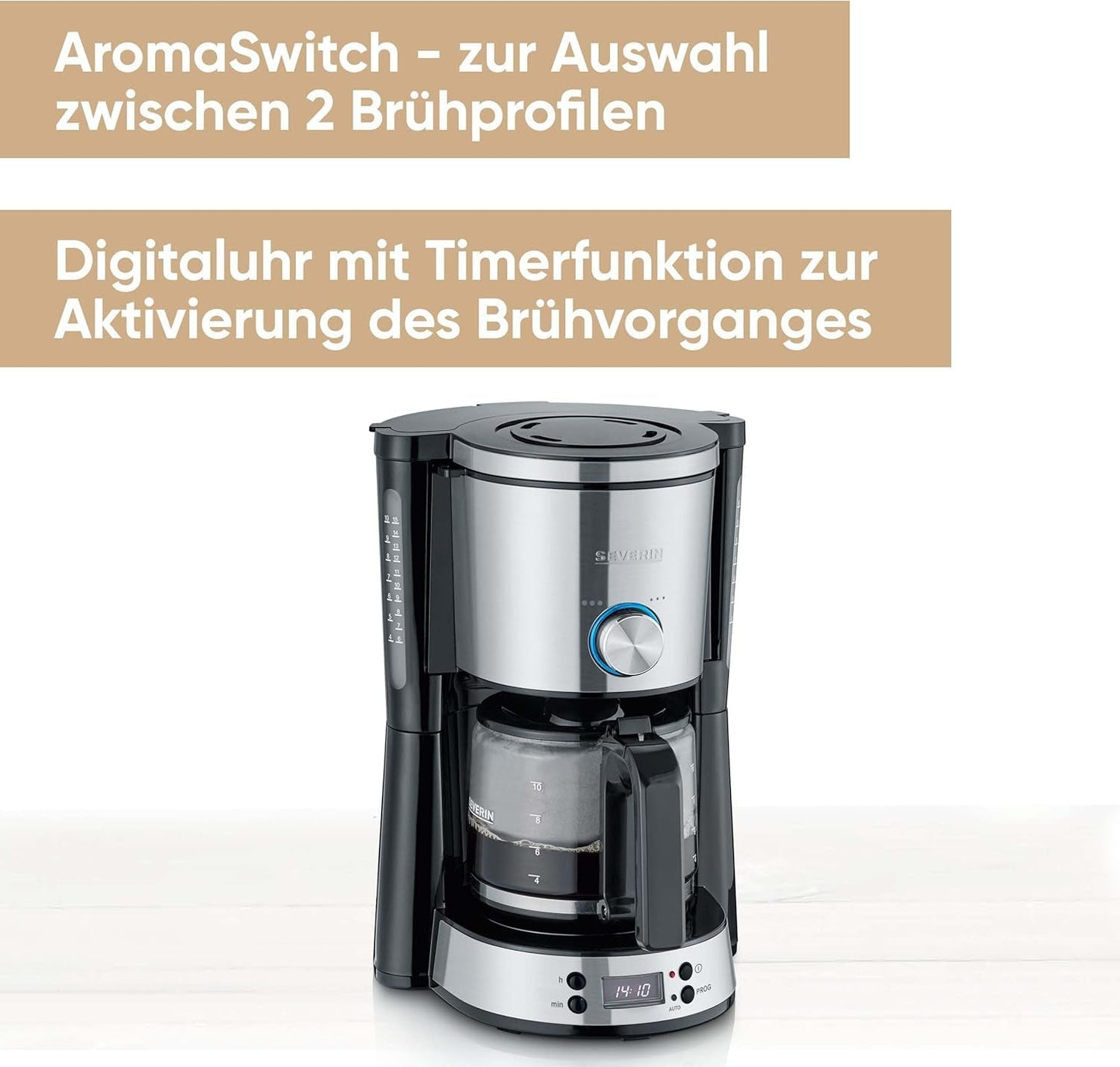 Ekspres SEVERIN „TypeSwitch” ze szklaną karafką i timerem, AromaSwitch do wyboru 2 opcji parzenia, zegar cyfrowy z funkcją timera, na maksymalnie 10 filiżanek, 1000W, stal nierdzewna szczotkowana-czarna, KA 4826