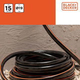 Wąż ogrodowy BLACK+DECKER 15 metrów - Ø19MM - Trwałe PCV - Podlewanie ogrodu, mycie samochodu, napełnianie basenu - Kompatybilny z każdym standardowym kranem - Czarny/Pomarańczowy