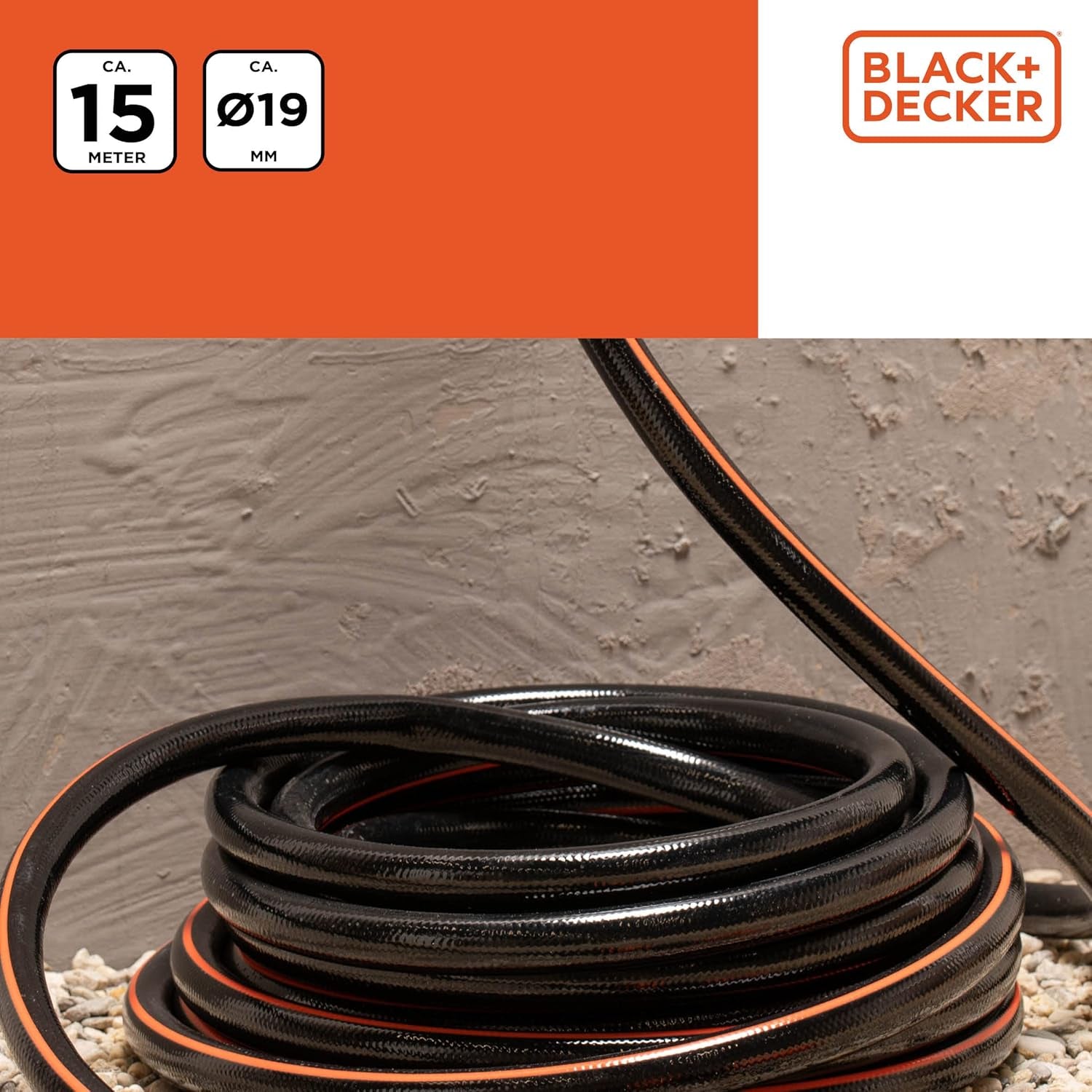 Wąż ogrodowy BLACK+DECKER 15 metrów - Ø19MM - Trwałe PCV - Podlewanie ogrodu, mycie samochodu, napełnianie basenu - Kompatybilny z każdym standardowym kranem - Czarny/Pomarańczowy