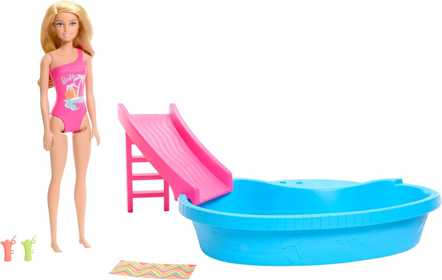 Lalka Barbie i akcesoria - basen ze zjeżdżalnią i akcesoriami zapewniającymi wielogodzinną zabawę na słońcu, różowy kostium kąpielowy z tropikalnym wzorem, dla dzieci od 3 lat, HRJ74 Naty Shop Dollhouses Domyślny tytuł