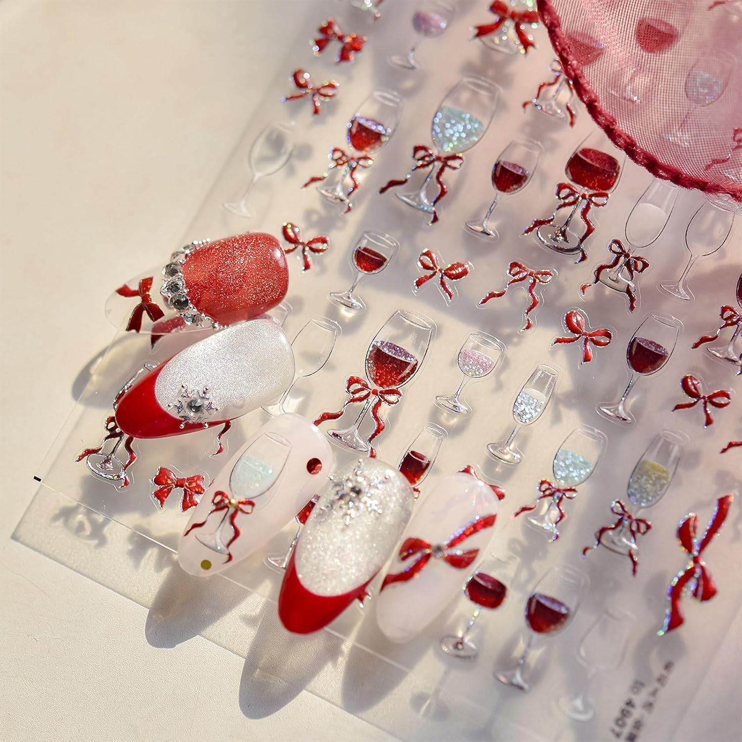 JMEOWIO 3D Nagelsticker Roter Kelch Mit Schleife Nail Art Naklejka Selbstklebend Nagelaufkleber 5D Stereoskopisch Dekoration Nageldesign Zubehör 1 Blatt
