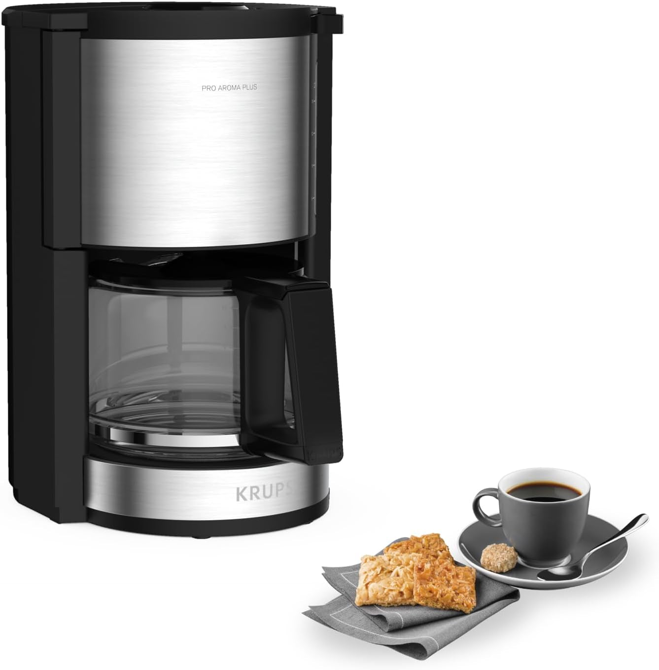 Ekspres do kawy Krups KM3210 Pro Aroma Plus, 10 filiżanek, 1,25 l, utrzymywanie ciepła przez 30 minut, widoczne okienko poziomu wody, system zapobiegający kapaniu, czarny z aplikacjami ze stali nierdzewnej