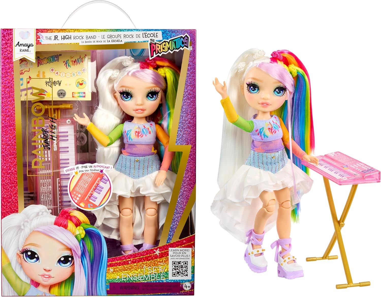 Zespół Rainbow High Junior High Rock Band – Amaya, kolory tęczy – lalka modowa 23 cm z klawiaturą, konfigurowalna za pomocą naklejek, ruchoma, urocza zabawka dla dzieci w wieku od 4 lat