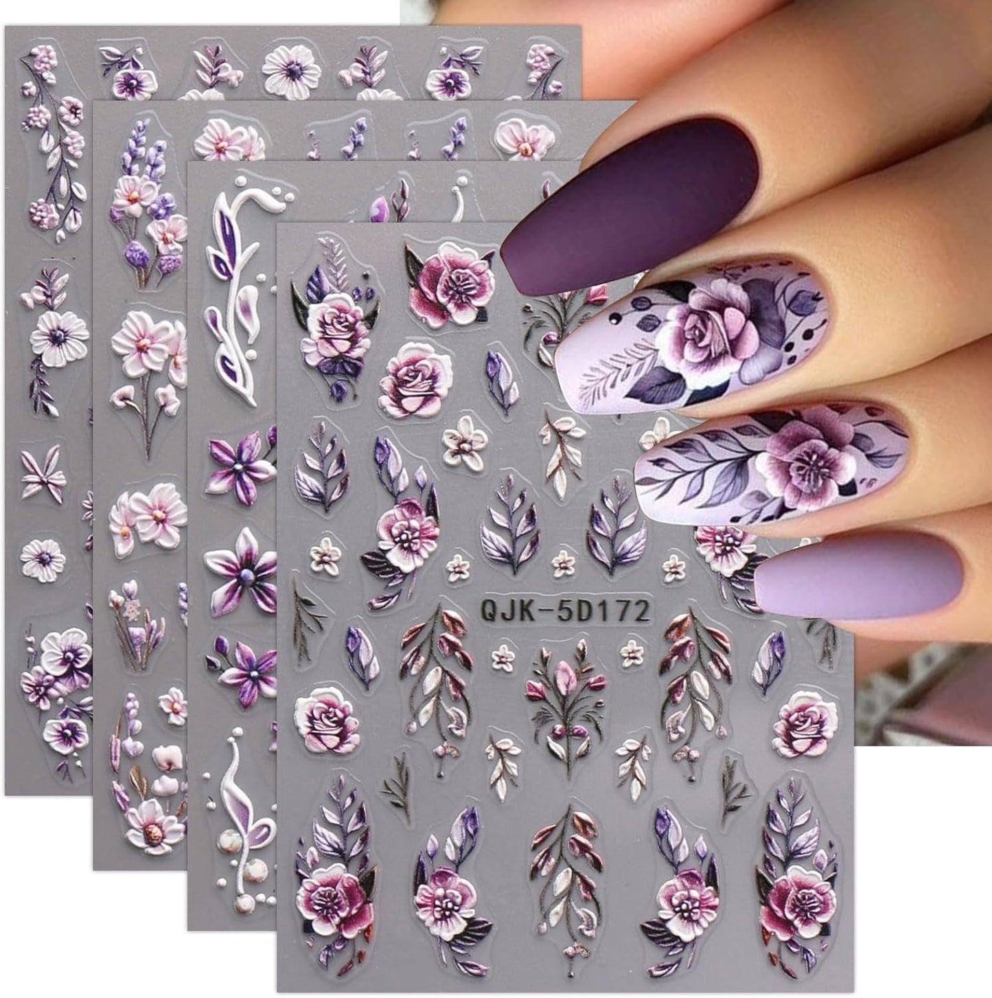 JMEOWIO 3D Nagelsticker Blumen Nail Art Naklejka Selbstklebend Nagelaufkleber 5D Stereoskopisch Frühling Sommer Dekoration Nageldesign Zubehör 4 Blatt