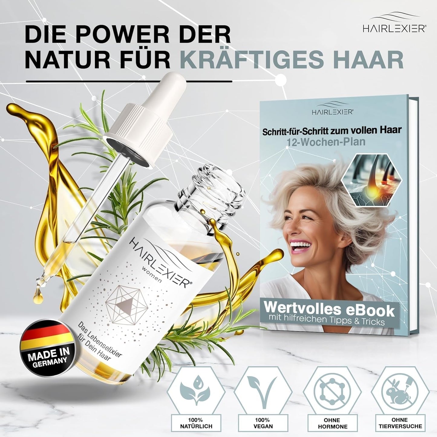 Hairlexier Hair Growth Remedy dla kobiet - Olejek do włosów rozmarynowy, Olejek rycynowy Olejek do włosów, Olejek lawendowy, Naturalne serum do włosów przeciw rozproszonemu wypadaniu włosów, Wspomaga wzrost włosów, Wegańskie i organiczne + Zeszyt ćwiczeń Pielęgnacja włosów Naty Shop