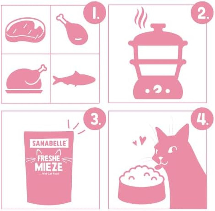 Sanabelle Freshe Mieze - Taca mieszana | 10 x 100g opakowanie mieszane | 4 pyszne odmiany karmy dla kotów, których warto spróbować | Mokra karma dla kotów gotowana na parze, zupełnie jak świeżo ugotowana