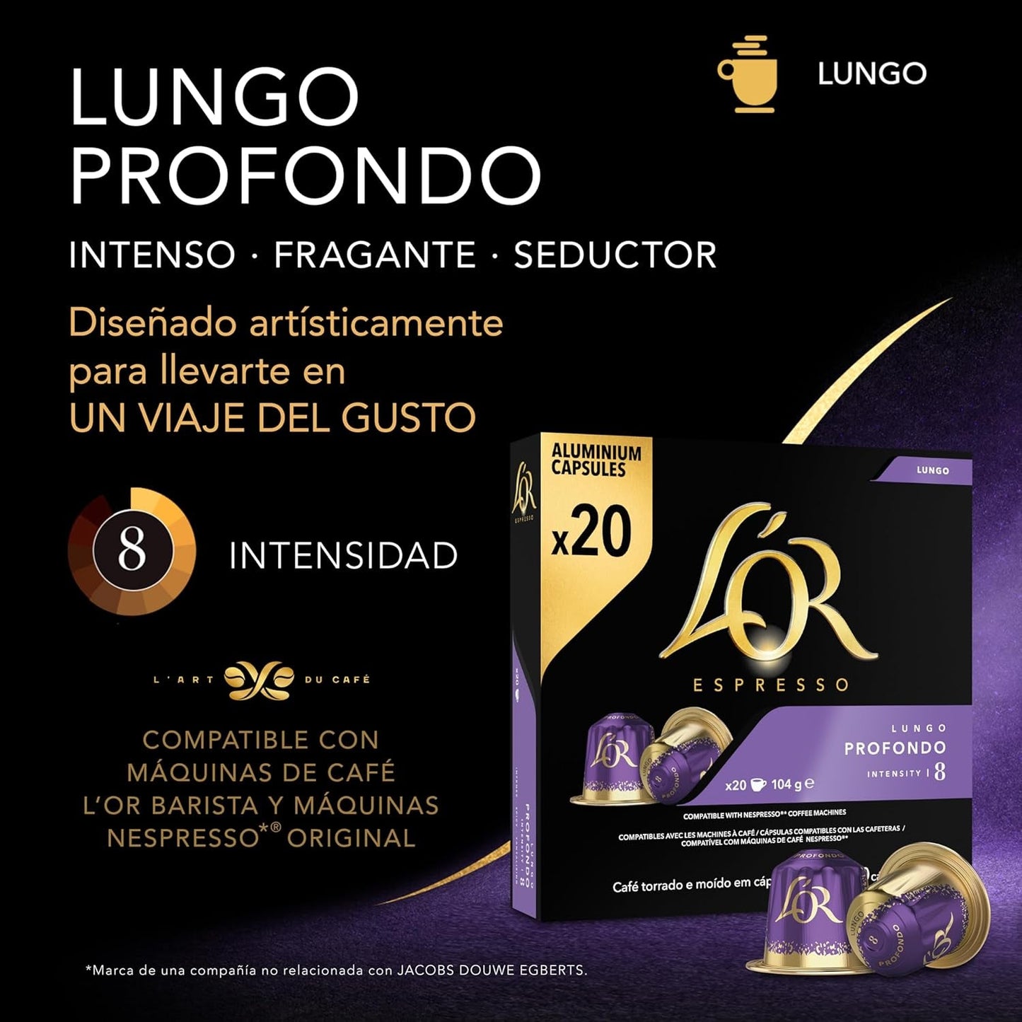 L'OR Espresso Koffiecups Lungo Profondo (200 kapsułek Lungo Koffie, Gesicht voor Nespresso* Koffiemachines, Intensywność 08/12, 100% Arabica Koffie, UTZ Gecertificeerd), 10 x 20 filiżanek