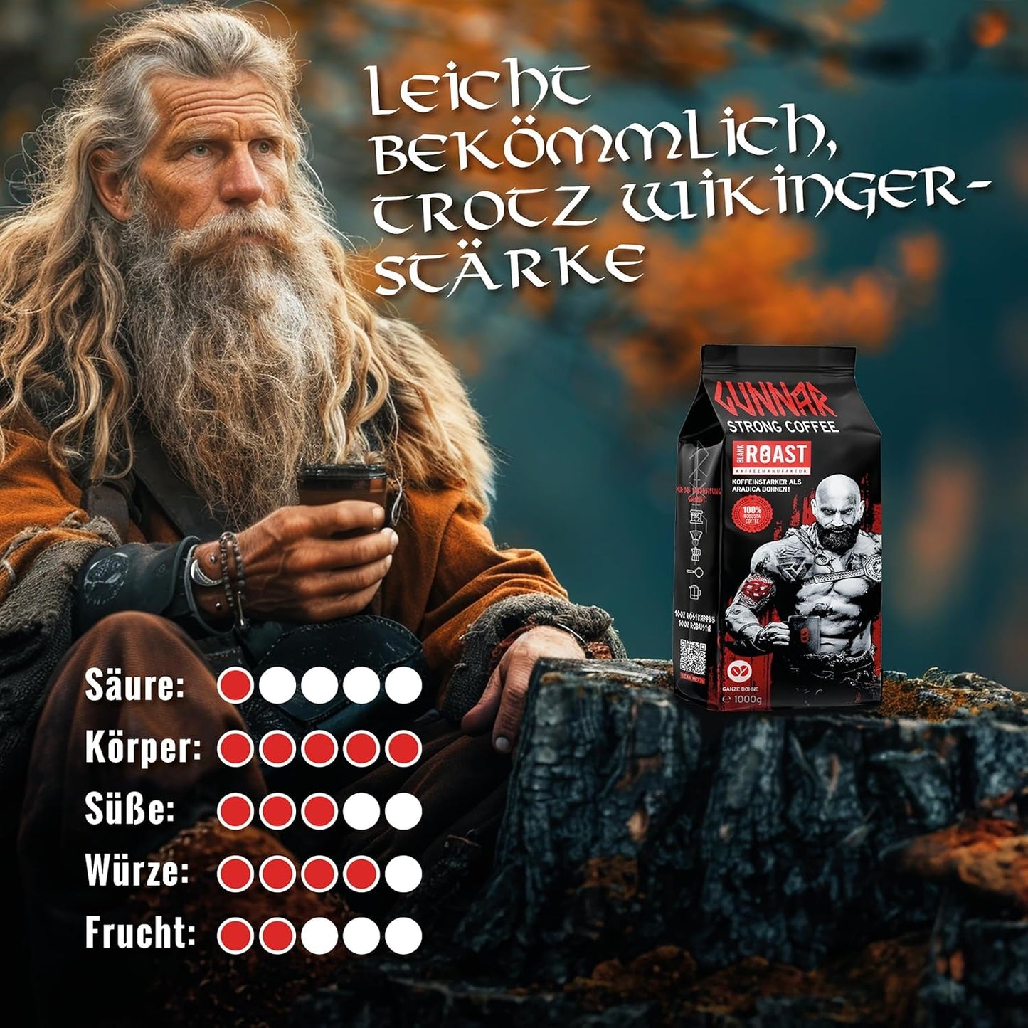 Pusta pieczeń - GUNNAR - 1kg - Cała kawa-Bohnen Extra Strong - Kräftige Robusta-Röstung - 494mg Kaffein je Tasse - Würzig & Kraftvoll mit Noten von dunkler Schokolade - Säurearm