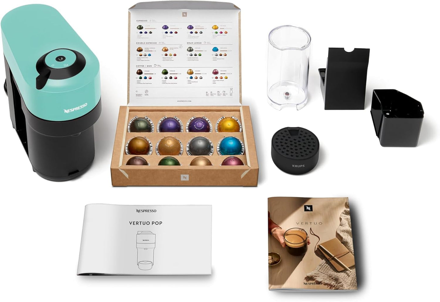 Ekspres do kawy z kapsułkami Nespresso Krups Vertuo Pop, pojemność: 560 ml, automatyczne rozpoznawanie kapsułek, system one-touch, 4 rozmiary filiżanek, skrócony czas podgrzewania, zrównoważony, Aqua Mint, XN9204