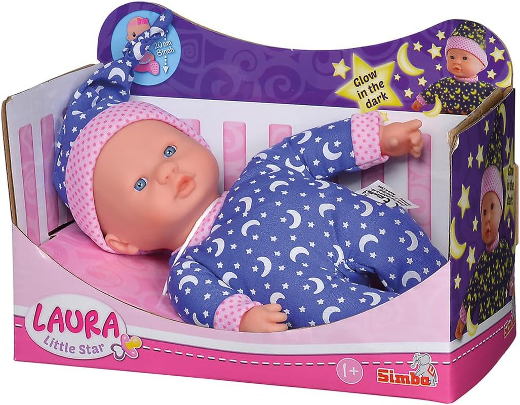 Simba 105010010 - Laura Little Star Lalka o miękkim ciele w słodkiej sukience i kapeluszu ze świecącymi księżycami i gwiazdami 20 cm Lalka świecąca w ciemności na 12 miesięcy+ Niebieskie lalki Naty Shop