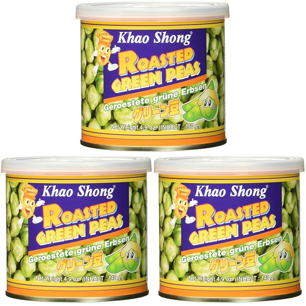 Khao Shong Smażony zielony groszek z wasabi, chrupiący groszek w pikantnej panierce, niskotłuszczowa alternatywa dla orzechów, średnio ostry, puszka 1 140 g | 140 g (1 opakowanie)