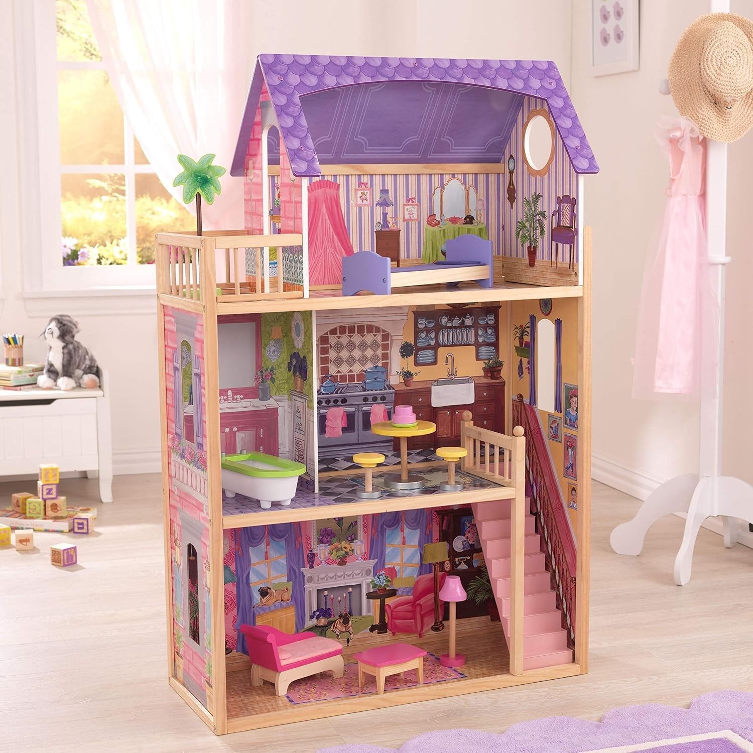 Drewniany domek dla lalek KidKraft Kayla z meblami i akcesoriami, 3-poziomowy zestaw dla lalki 30 cm, zabawka dla dzieci w wieku od 3 lat, 65092 — wyłącznie na Amazon