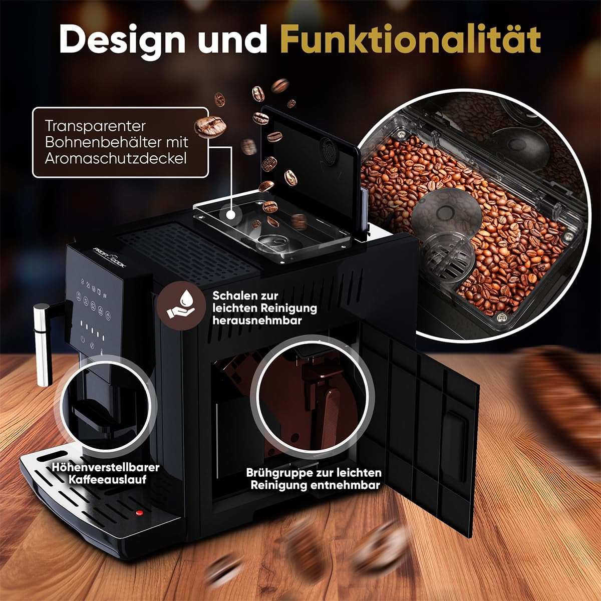 W pełni automatyczny ekspres ProfiCook® ze spieniaczem mleka do cappuccino | Młynek stożkowy | z funkcją podgrzewania filiżanki | Włoska profesjonalna pompa | Ekran dotykowy | Ekspres | PC KAV 1281