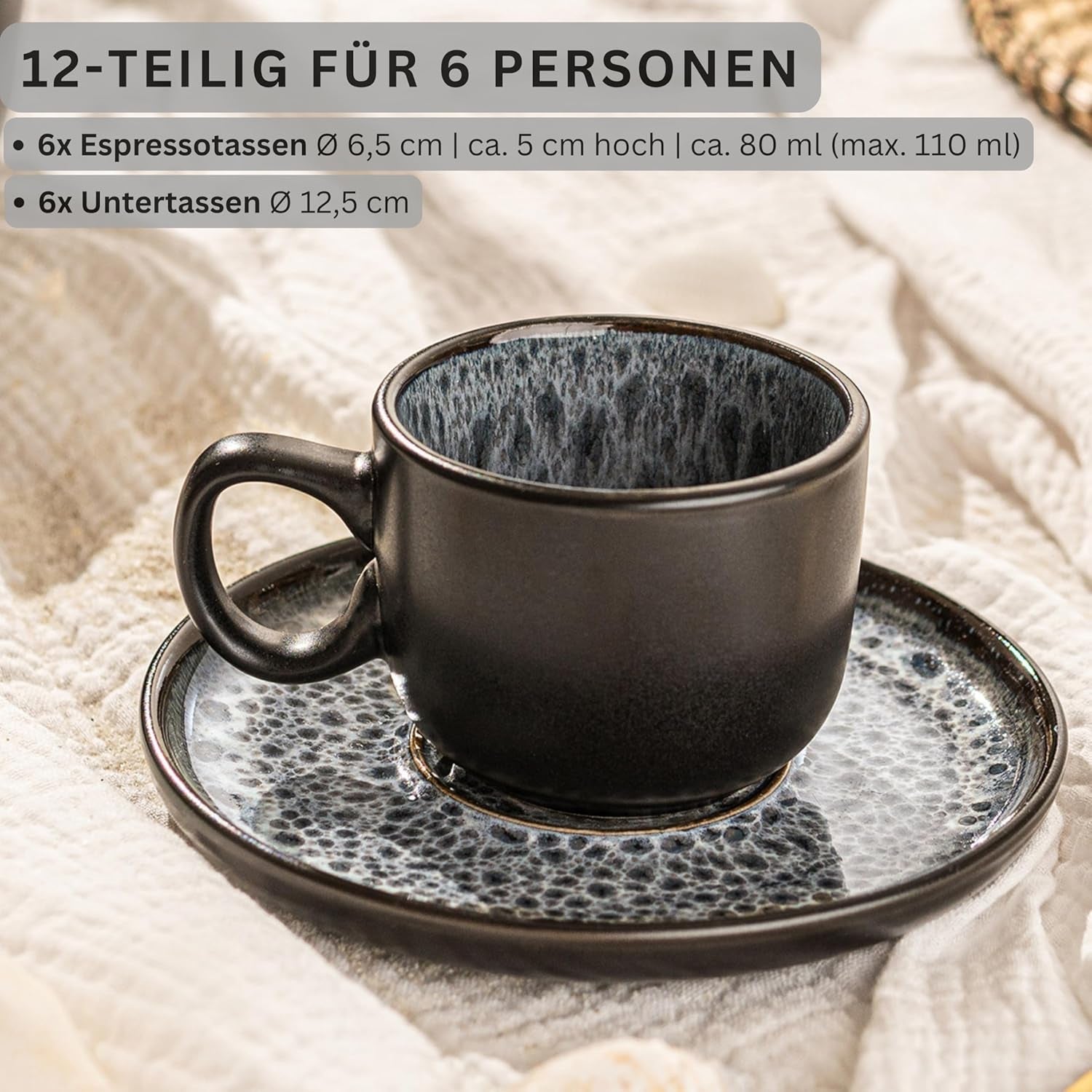 SANGER Sydney | Zestaw 12 filiżanek ceramicznych do espresso, Zestaw filiżanek do mokki na 6 sztuk, Filiżanki i spodki, Można myć w zmywarce i używać w kuchence mikrofalowej, Ciemnoszary, 80 ml | KOLEKCJA WARTOŚCIOWA