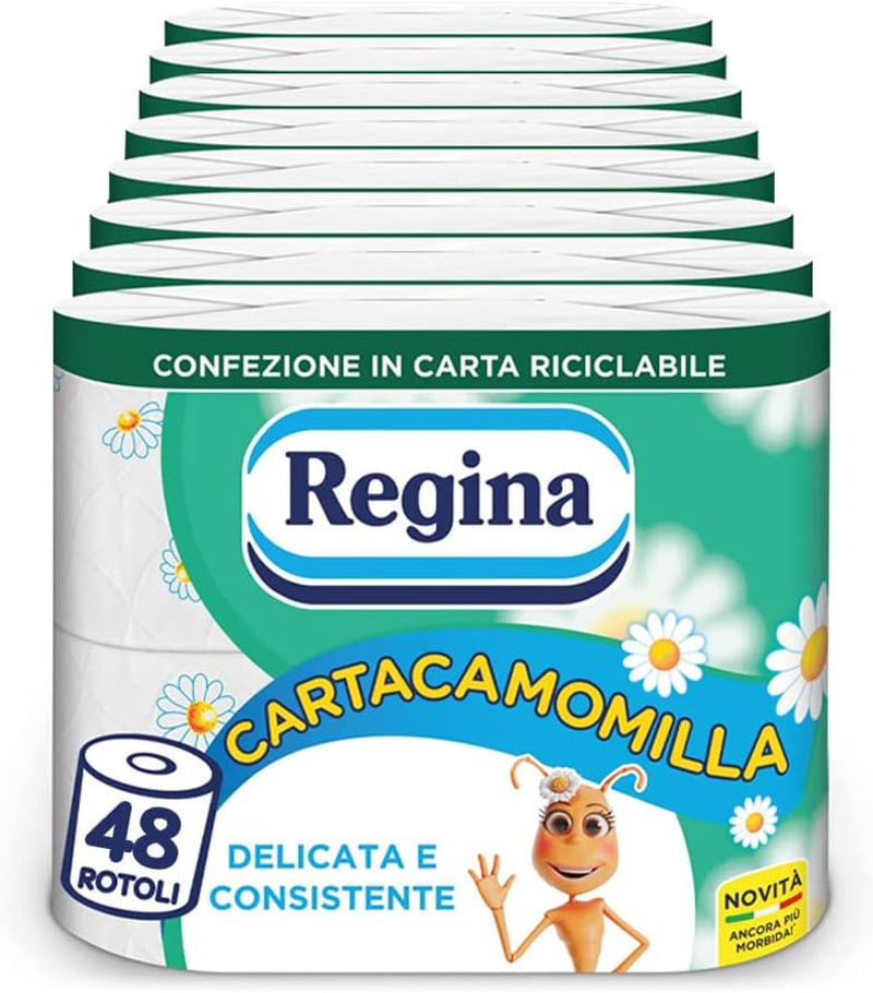 Regina Cartacamomilla - 8 rolek papieru toaletowego, 300 puszystych arkuszy, 3 warstwy, miękkie i mocne, opakowanie papierowe nadające się do recyklingu