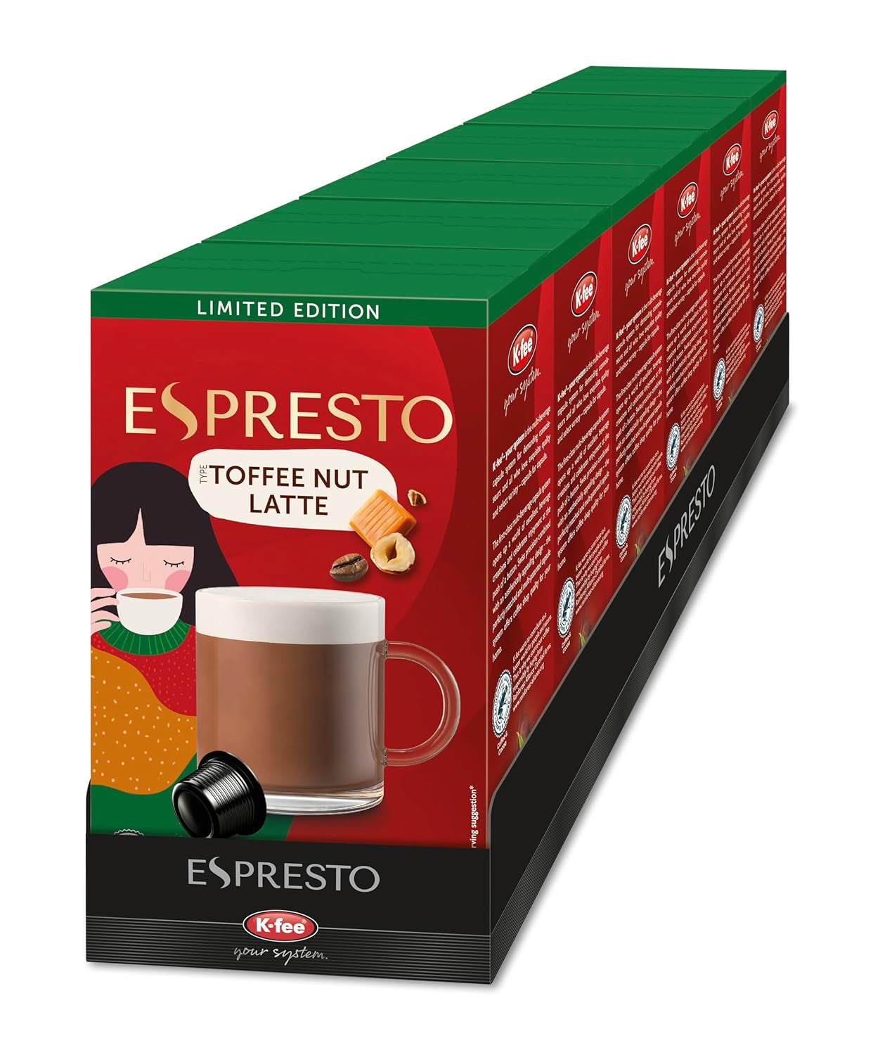 ESPRESTO Toffee Nut Latte, kompatybilne z K-fee i ALDI EXPRESSI*, aromatyzowana kawa mleczna, certyfikat RFA, 96 kapsułek