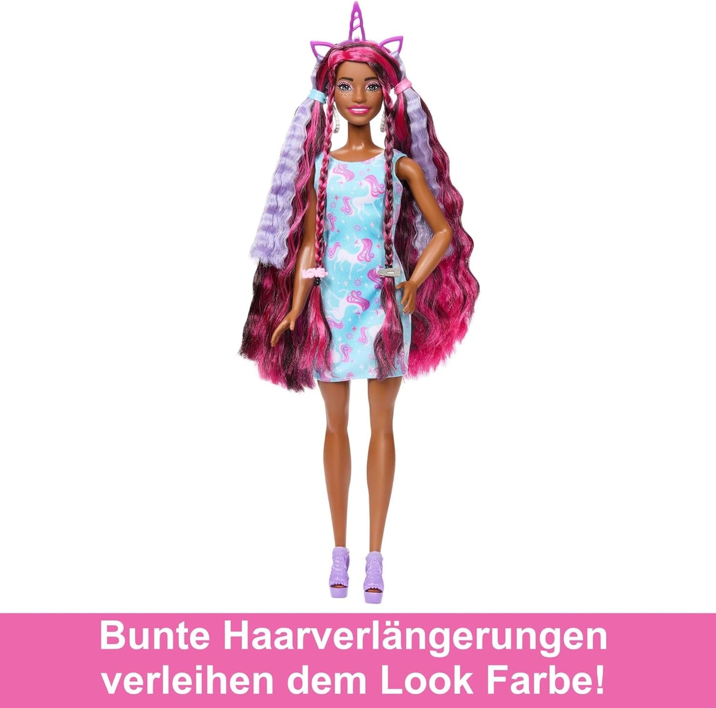 Zabawna stylowa lalka Barbie z bardzo długimi kolorowymi czarnymi włosami i błyszczącą różową sukienką 10 fryzur i modnych dodatków JDC86