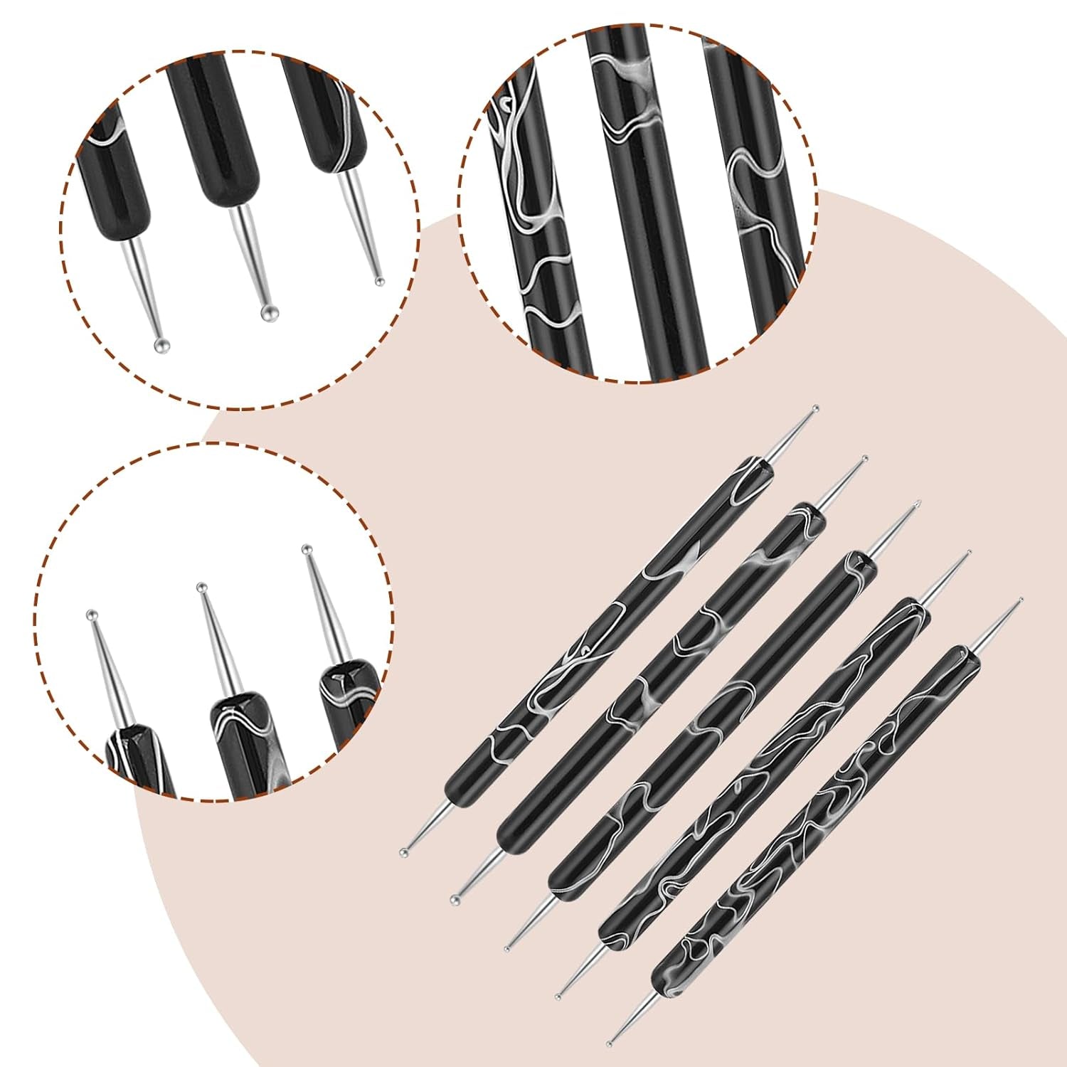 5 Stück Nail Design Narzędzia do kropkowania Nagelkunst Werkzeug Nagelpunkt Pinsel Punktierung Stift Marbleizing Werkzeug Für Nagelack Maniküre, Schwarz