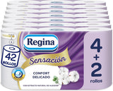 Regina Feeling - 42 rolki papieru toaletowego, 175 arkuszy z trzema warstwami, naturalny ekstrakt z bawełny i delikatny zapach, opakowanie plastikowe w 60% z recyklingu, papier w 100% z certyfikatem Fsc