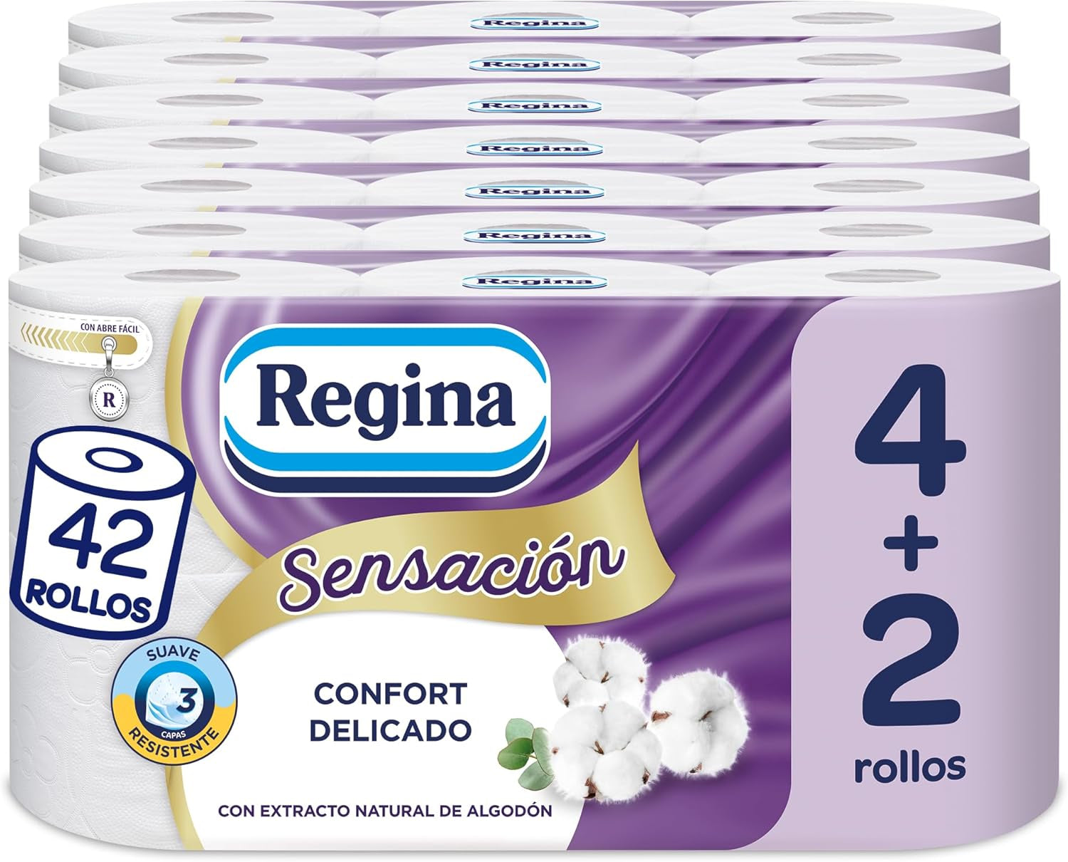Regina Feeling - 42 rolki papieru toaletowego, 175 arkuszy z trzema warstwami, naturalny ekstrakt z bawełny i delikatny zapach, opakowanie plastikowe w 60% z recyklingu, papier w 100% z certyfikatem Fsc
