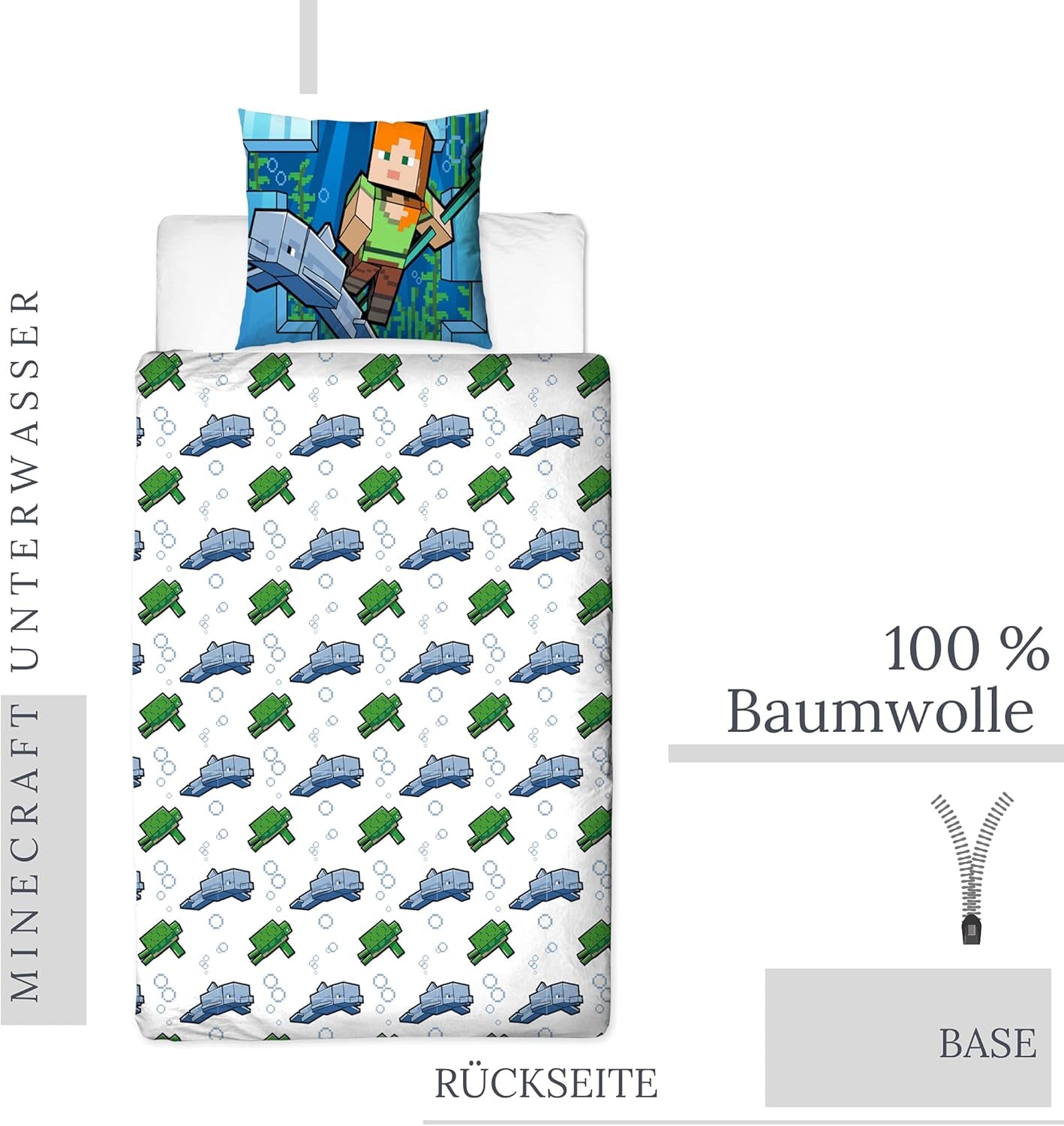 Pościel Minecraft Kinderbettwäsche Jugendbettwäsche 135X200 · Unterwasserwelt · Wende Motiv · Kissenbezug 80X80 + Bettbezug 135X200 Cm · 100% Baumwolle · Deutsche Größe Naty Shop