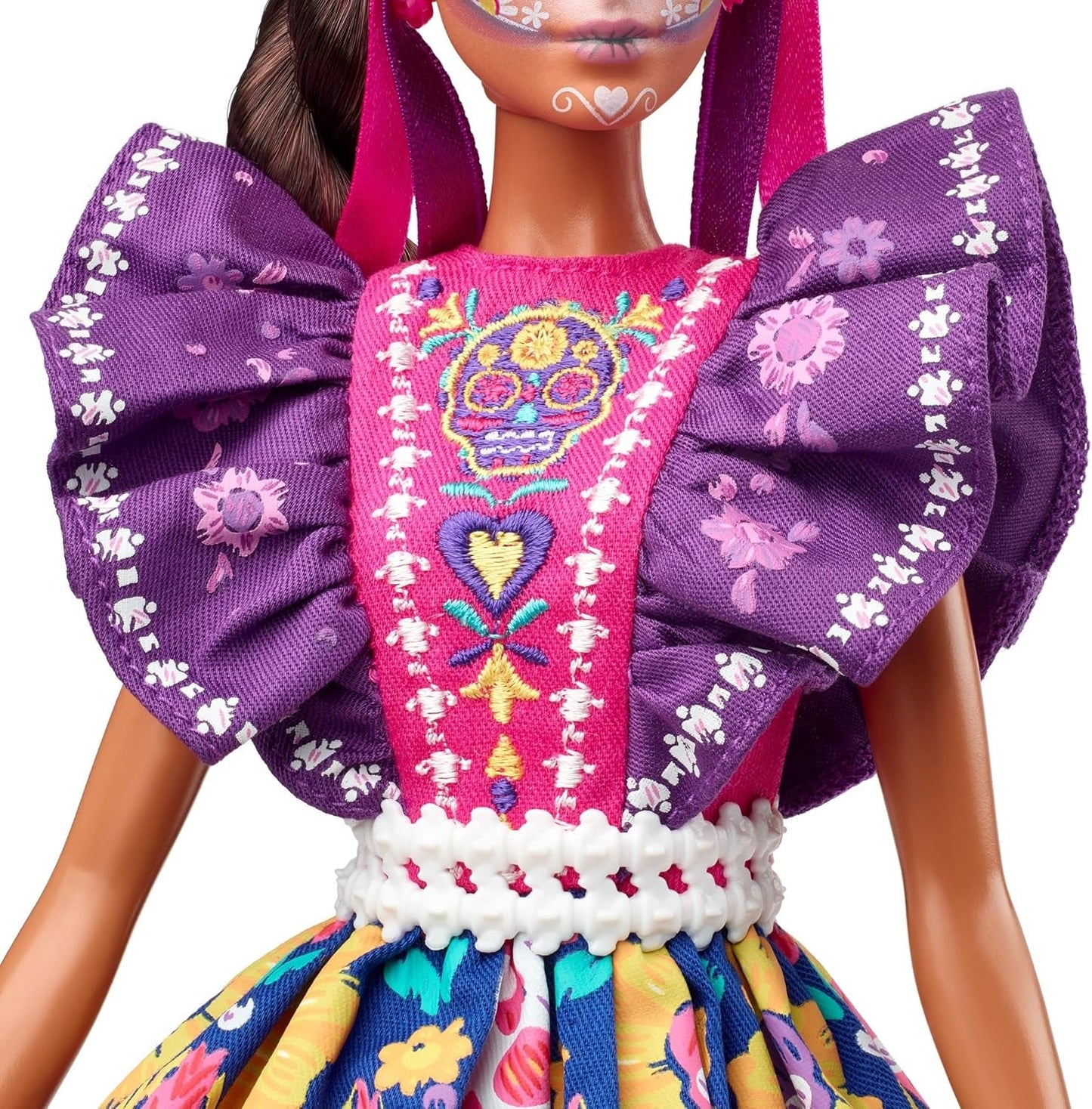 2022 Día De Muertos Lalka Barbie z marszczoną tradycyjną sukienką, wieńcem kwiatowym i farbą do twarzy Calavera, prezent dla kolekcjonerów
